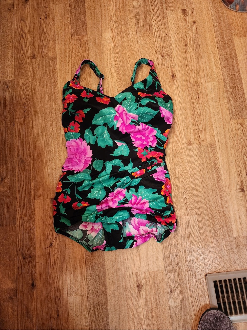 Floral One-Piece Swimsuit - Black with Pink & Green Floral Print